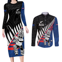 Custom New Zealand Auckland Cricket Couples Matching Long Sleeve Bodycon Dress and Long Sleeve Button Shirt With Maori Pattern