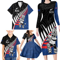 Custom New Zealand Auckland Cricket Family Matching Long Sleeve Bodycon Dress and Hawaiian Shirt With Maori Pattern LT05 - Polynesian Pride