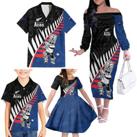 Custom New Zealand Auckland Cricket Family Matching Off The Shoulder Long Sleeve Dress and Hawaiian Shirt With Maori Pattern LT05 - Polynesian Pride