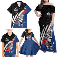 Custom New Zealand Auckland Cricket Family Matching Off Shoulder Maxi Dress and Hawaiian Shirt With Maori Pattern LT05 - Polynesian Pride