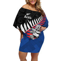 Custom New Zealand Auckland Cricket Off Shoulder Short Dress With Maori Pattern LT05 Women Blue - Polynesian Pride