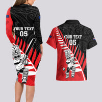Custom New Zealand Canterbury Cricket Couples Matching Long Sleeve Bodycon Dress and Hawaiian Shirt With Maori Pattern