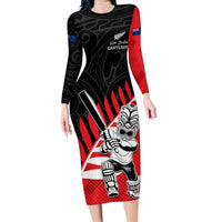Custom New Zealand Canterbury Cricket Family Matching Long Sleeve Bodycon Dress and Hawaiian Shirt With Maori Pattern LT05 Mom's Dress Red - Polynesian Pride