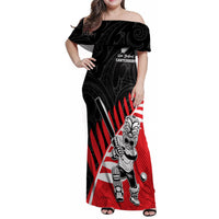 Custom New Zealand Canterbury Cricket Family Matching Off Shoulder Maxi Dress and Hawaiian Shirt With Maori Pattern LT05 Mom's Dress Red - Polynesian Pride