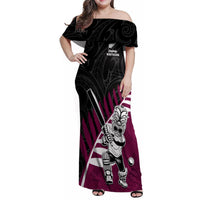 Custom New Zealand Northern Districts Cricket Family Matching Off Shoulder Maxi Dress and Hawaiian Shirt With Maori Pattern LT05 Mom's Dress Maroon - Polynesian Pride
