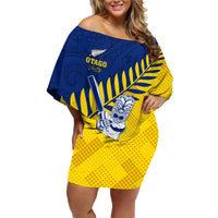 Custom New Zealand Otago Cricket Family Matching Off Shoulder Short Dress and Hawaiian Shirt With Maori Pattern LT05 Mom's Dress Yellow - Polynesian Pride