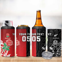 New Zealand And England Rugby Custom 4 in 1 Can Cooler Tumbler Maori Tiki With Red Rose Together LT05 - Polynesian Pride
