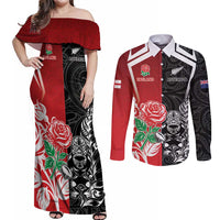New Zealand And England Rugby Custom Couples Matching Off Shoulder Maxi Dress and Long Sleeve Button Shirt Maori Tiki With Red Rose Together LT05 Red - Polynesian Pride