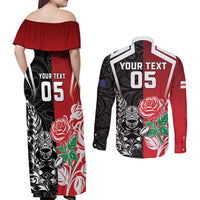 New Zealand And England Rugby Custom Couples Matching Off Shoulder Maxi Dress and Long Sleeve Button Shirt Maori Tiki With Red Rose Together LT05 - Polynesian Pride