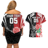 New Zealand And England Rugby Custom Couples Matching Off Shoulder Short Dress and Hawaiian Shirt Maori Tiki With Red Rose Together LT05 - Polynesian Pride