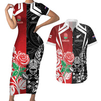 New Zealand And England Rugby Custom Couples Matching Short Sleeve Bodycon Dress and Hawaiian Shirt Maori Tiki With Red Rose Together