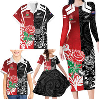 New Zealand And England Rugby Custom Family Matching Long Sleeve Bodycon Dress and Hawaiian Shirt Maori Tiki With Red Rose Together LT05 - Polynesian Pride