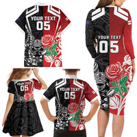 New Zealand And England Rugby Custom Family Matching Long Sleeve Bodycon Dress and Hawaiian Shirt Maori Tiki With Red Rose Together LT05 - Polynesian Pride