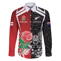 New Zealand And England Rugby Custom Family Matching Long Sleeve Bodycon Dress and Hawaiian Shirt Maori Tiki With Red Rose Together LT05 Dad's Shirt - Long Sleeve Red - Polynesian Pride