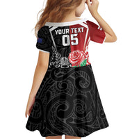New Zealand And England Rugby Custom Family Matching Off Shoulder Short Dress and Hawaiian Shirt Maori Tiki With Red Rose Together LT05 - Polynesian Pride