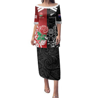 New Zealand And England Rugby Custom Family Matching Puletasi and Hawaiian Shirt Maori Tiki With Red Rose Together