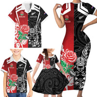 New Zealand And England Rugby Custom Family Matching Short Sleeve Bodycon Dress and Hawaiian Shirt Maori Tiki With Red Rose Together LT05 - Polynesian Pride
