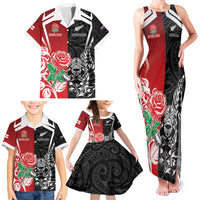 New Zealand And England Rugby Custom Family Matching Tank Maxi Dress and Hawaiian Shirt Maori Tiki With Red Rose Together LT05 - Polynesian Pride