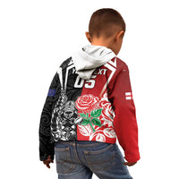New Zealand And England Rugby Custom Kid Hoodie Maori Tiki With Red Rose Together
