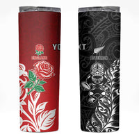 New Zealand And England Rugby Custom Skinny Tumbler Maori Tiki With Red Rose Together LT05 Red - Polynesian Pride