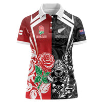 New Zealand And England Rugby Custom Women Polo Shirt Maori Tiki With Red Rose Together LT05 Female Red - Polynesian Pride