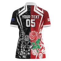 New Zealand And England Rugby Custom Women Polo Shirt Maori Tiki With Red Rose Together LT05 - Polynesian Pride