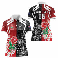 New Zealand And England Rugby Custom Women Polo Shirt Maori Tiki With Red Rose Together LT05 - Polynesian Pride