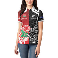 New Zealand And England Rugby Custom Women Polo Shirt Maori Tiki With Red Rose Together LT05 - Polynesian Pride