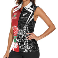 New Zealand And England Rugby Custom Women Sleeveless Polo Shirt Maori Tiki With Red Rose Together