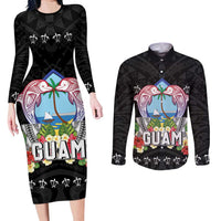 Guam Chamorro Couples Matching Long Sleeve Bodycon Dress and Long Sleeve Button Shirt Tribal Latte Stone With Dolphins Black