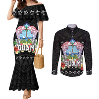 Guam Chamorro Couples Matching Mermaid Dress and Long Sleeve Button Shirt Tribal Latte Stone With Dolphins Black
