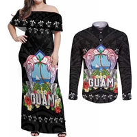 Guam Chamorro Couples Matching Off Shoulder Maxi Dress and Long Sleeve Button Shirt Tribal Latte Stone With Dolphins Black