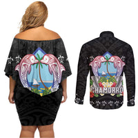 Guam Chamorro Couples Matching Off Shoulder Short Dress and Long Sleeve Button Shirt Tribal Latte Stone With Dolphins Black