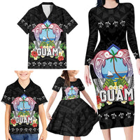 Guam Chamorro Family Matching Long Sleeve Bodycon Dress and Hawaiian Shirt Tribal Latte Stone With Dolphins Black LT05 - Polynesian Pride