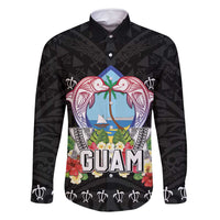 Guam Chamorro Family Matching Mermaid Dress and Hawaiian Shirt Tribal Latte Stone With Dolphins Black LT05 Dad's Shirt - Long Sleeve Black - Polynesian Pride