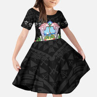Guam Chamorro Kid Short Sleeve Dress Tribal Latte Stone With Dolphins Black