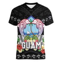 Guam Chamorro Women V-Neck T-Shirt Tribal Latte Stone With Dolphins Black