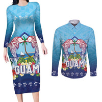 Guam Chamorro Couples Matching Long Sleeve Bodycon Dress and Long Sleeve Button Shirt Tribal Latte Stone With Dolphins Blue