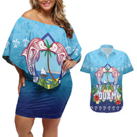 Guam Chamorro Couples Matching Off Shoulder Short Dress and Hawaiian Shirt Tribal Latte Stone With Dolphins Blue