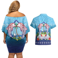 Guam Chamorro Couples Matching Off Shoulder Short Dress and Hawaiian Shirt Tribal Latte Stone With Dolphins Blue