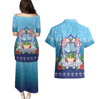 Guam Chamorro Couples Matching Puletasi and Hawaiian Shirt Tribal Latte Stone With Dolphins Blue