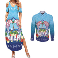 Guam Chamorro Couples Matching Summer Maxi Dress and Long Sleeve Button Shirt Tribal Latte Stone With Dolphins Blue