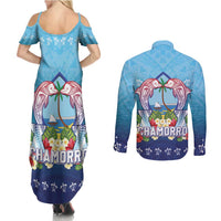 Guam Chamorro Couples Matching Summer Maxi Dress and Long Sleeve Button Shirt Tribal Latte Stone With Dolphins Blue