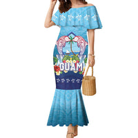 Guam Chamorro Family Matching Mermaid Dress and Hawaiian Shirt Tribal Latte Stone With Dolphins Blue LT05 Mom's Dress Blue - Polynesian Pride