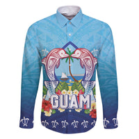 Guam Chamorro Family Matching Off The Shoulder Long Sleeve Dress and Hawaiian Shirt Tribal Latte Stone With Dolphins Blue