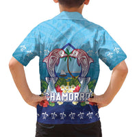 Guam Chamorro Family Matching Off Shoulder Short Dress and Hawaiian Shirt Tribal Latte Stone With Dolphins Blue