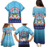 Guam Chamorro Family Matching Puletasi and Hawaiian Shirt Tribal Latte Stone With Dolphins Blue