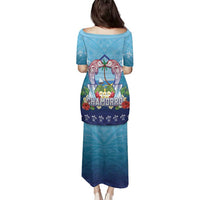 Guam Chamorro Family Matching Puletasi and Hawaiian Shirt Tribal Latte Stone With Dolphins Blue