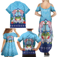 Guam Chamorro Family Matching Summer Maxi Dress and Hawaiian Shirt Tribal Latte Stone With Dolphins Blue