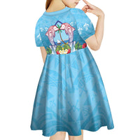 Guam Chamorro Kid Short Sleeve Dress Tribal Latte Stone With Dolphins Blue